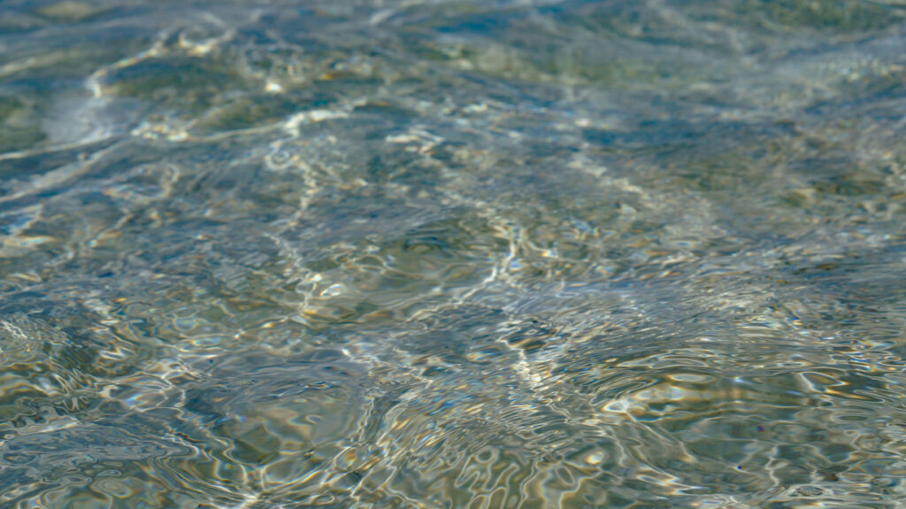 澄んだ遠浅の海面を間近で捉えた一枚。ゆらめくさざ波を透かして白砂の海底が見え、陽光が水面に細かな光の模様を描く。ウィットサンデイ諸島の透明な海。